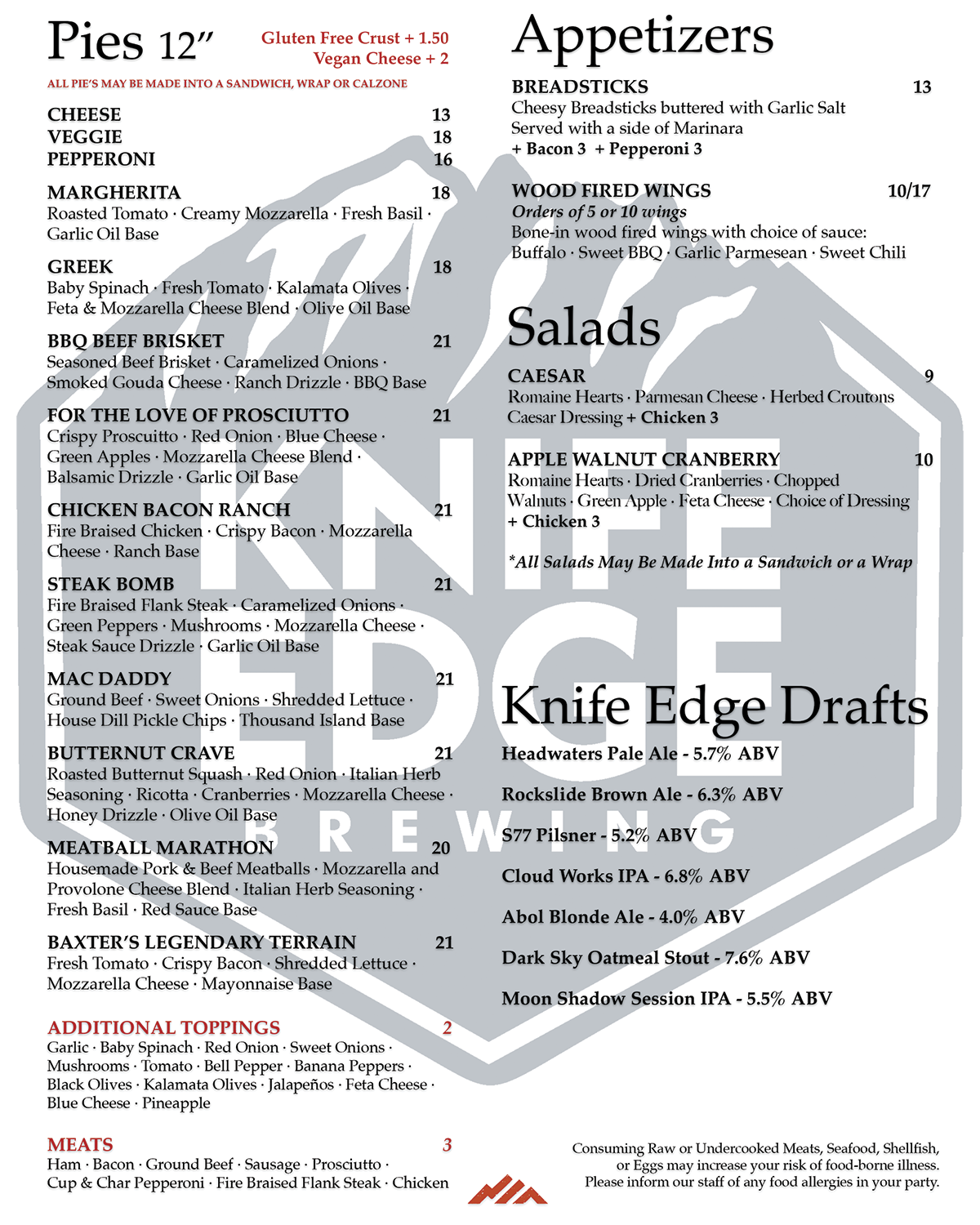 Knife Edge Brewing Menu